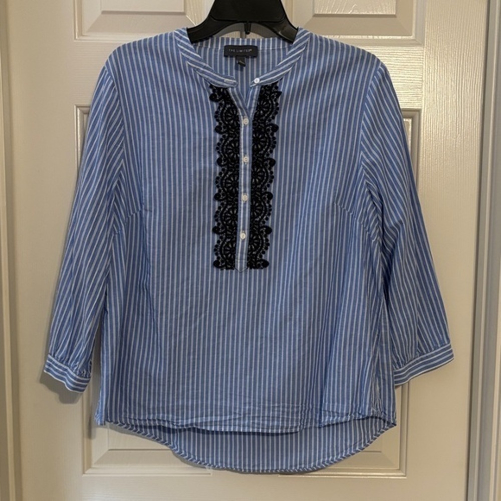 The Limited Blue and Black Lace Striped Blouse